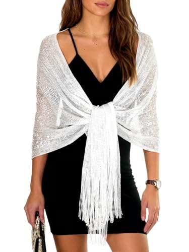 Sumolux Shawls Wraps for Evening Dresses Metallic Glitter Shawls Scarf for Women Sparkling Wedding with Free Buckle - color: White