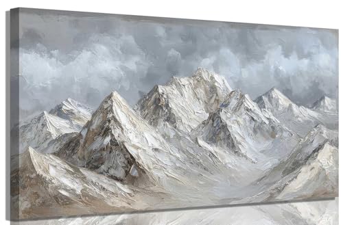 Large Frame Mountain Canvas Wall Art Painting Grey White Textured Landscape Wall Decor Picture Winter Peak Poster Print Artwork for Living Room Bedroom Office Modern Home Decoration 32x16in - color: Snow Mountain, size: 32"L x 16"W