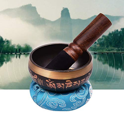 Tibetan Singing Bowl Set with 9.5cm/3.7inch Handmade Metal Sound Bowl & Soft Cushion(Random Color Delivery) & Wooden r for Meditation Sound Chakra Healing Yoga Relaxation