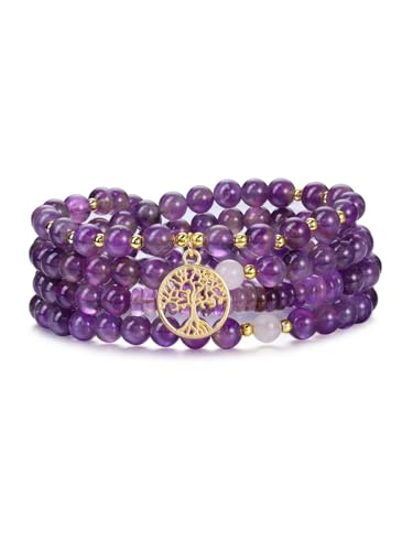 Top Plaza Amethyst Prayer Beads Bracelet Long Beaded Necklace Natural Gemstone 108 Mala Beads Tree Life Yoga Meditation Bracelet Necklace - color: Amethyst