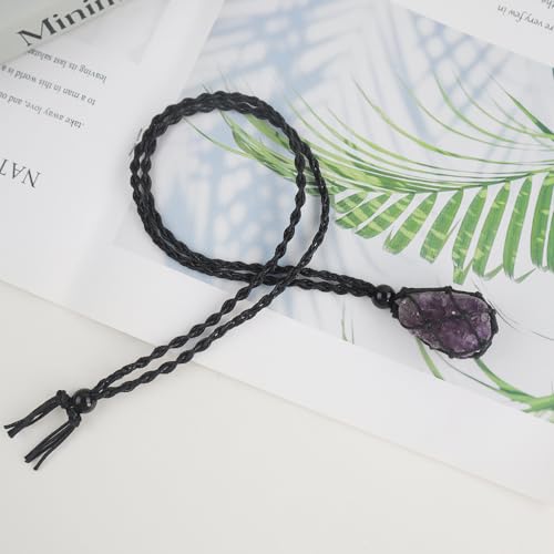 Natural unprocessed crystal raw stone hand woven rope adjustable necklace pendant for both men and women - color: Amethyst cluster