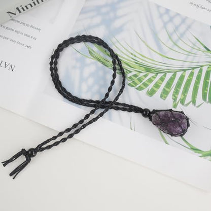 Natural unprocessed crystal raw stone hand woven rope adjustable necklace pendant for both men and women - color: Amethyst cluster
