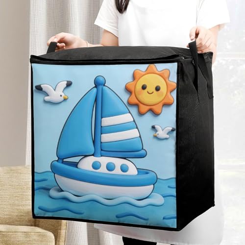 Carolina Blue White Sailing Boat Storage Bag Portable Closet Organizer Storage Bags Quilt Storage Bags with Zippered Breathable Storage Bag with Carry Handles for Blanket Pillow Bedding