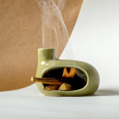 MOUGIGI Palo Santo Holder Burner - Modern Chiminea Incense Dish for Palo Santo Sticks and Cones - Ceramic Meditation Gift with Natural Polished Surface - Perfect for Yoga, Aromatherapy - color: Glazed Ceramics - Emerald Green