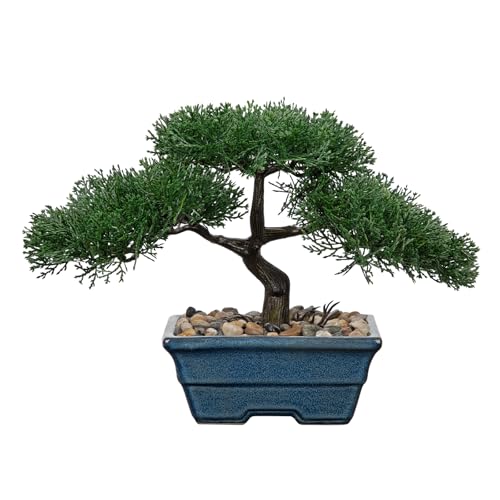 Artificial Bonsai Tree Juniper Faux Plants Indoor Fake Plants Decor with Blue Ceramic Pots for Home Table Office Desk Bathroom Shelf Bedroom Living Room Farmhouse Decorations-Pine - style: 6" Blue Glazed