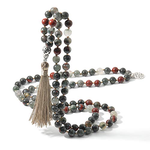 108 Mala Beads Semi-Precious Gem Stones Meditation Necklace with Tree of Life Pendant