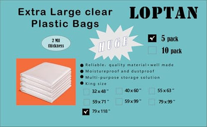 Extra Large Plastic Storage Bags 79 x 118 inches Huge Clear Giant Storage Bags Perfect for Moistureproof, Dustproof, Business Packing, Industry or Agriculture Use and More (5 Pack) - size: 79 x 118"