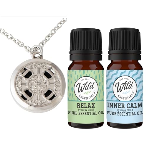 Wild Essentials Celtic Cross Essential Oil Diffuser Necklace Gift Set with Inner Calm & Relax Oils – Nickel Free Alloy Pendant with 12 Color Pads – USA Made Oils & Perfume Necklace – Family Company - color: Silver Celtic Cross, size: 2 Oils