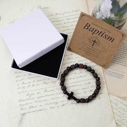 MILAKOO Wooden Bracelet with Black Stainless Steel Cross Charms Bead Christian Gifts for Women Men - color: B2