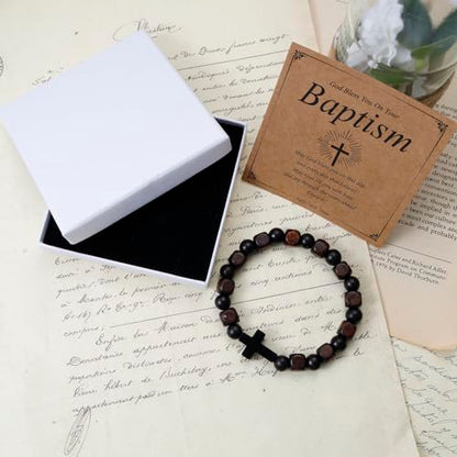 MILAKOO Wooden Bracelet with Black Stainless Steel Cross Charms Bead Christian Gifts for Women Men - color: B2