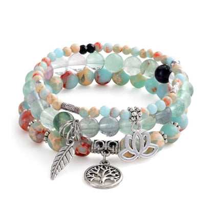 Tree of Life Yoga Healing Stone Bracelets,Multilayer Lotus Chakra Stone Reiki Bracelet Sets,Anxiety Crystal Natural Stone,for Women Stress Relief - style: Shoushan Stone+Fluorite