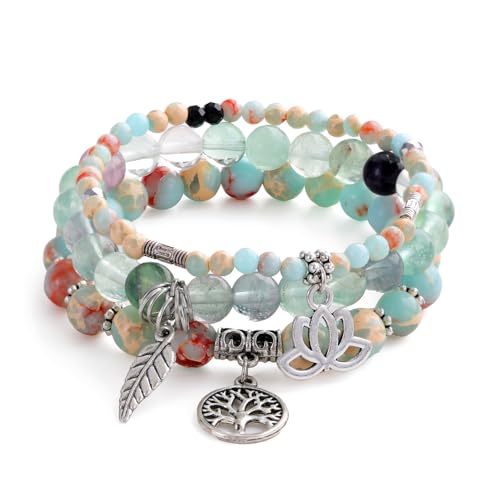 Tree of Life Yoga Healing Stone Bracelets,Multilayer Lotus Chakra Stone Reiki Bracelet Sets,Anxiety Crystal Natural Stone,for Women Stress Relief - style: Shoushan Stone+Fluorite