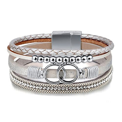 Fesciory Leopard Bracelet for Women, Boho Leather Wrap Multi-Layer Pearl Crystal Bracelet Bangle Jewelry - style: Double Circle(Silver)