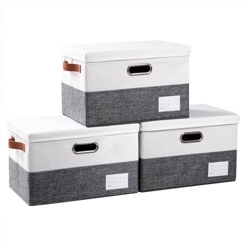 PRANDOM Foldable Storage Bins with Lids [3-Pack] Fabric Collapsible Storage Boxes Baskets Cubes Containers with Handles for Closet Living Room Bedroom (Grey & White 14.9x9.8x9.8'') - color: Grey & White, size: M(3-Pack)