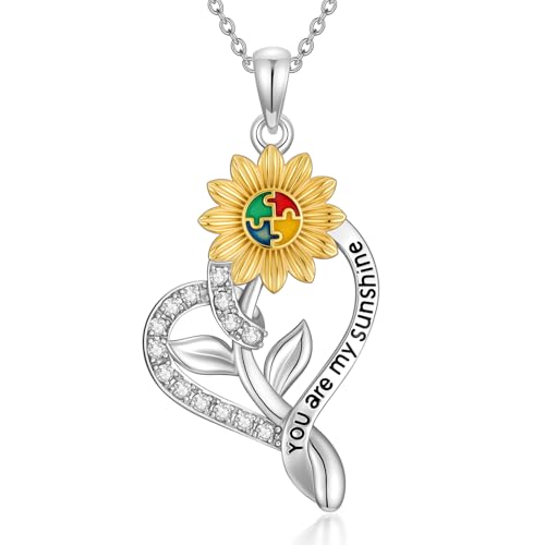 Autism Awareness Necklace for Women 925 Sterling Silver Autism Puzzle Piece Pendant Necklace Inspirational Christmas Gift for Autistic - color: B+Autism