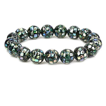 Keleny Semi Precious Stones Natural Gemstones 12mm Round Beads Crystal Stretch Bracelets 7 Inch Unisex - color: Mosaic Abalone Shell