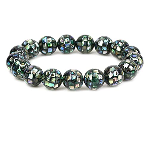 Keleny Semi Precious Stones Natural Gemstones 12mm Round Beads Crystal Stretch Bracelets 7 Inch Unisex - color: Mosaic Abalone Shell