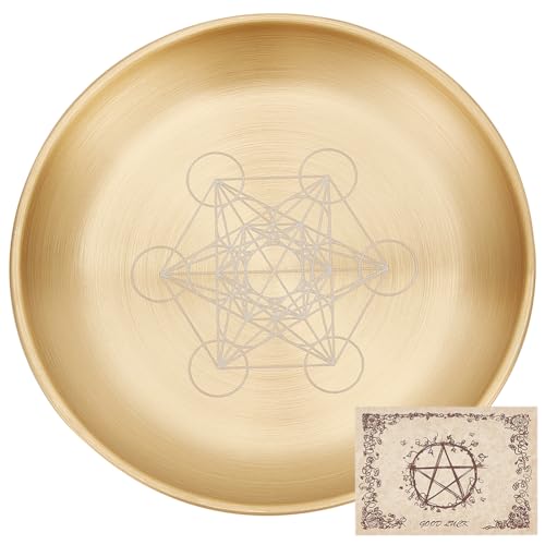 CREATCABIN Hexagram Tarot Altar Plate Ritual Burning Candle Holder Aromatherapy Tray Bowls Offering Incense Ceremony Plate with Altar Card Home Decor for Witchcraft Wiccan Wedding Golden 5.55 Inch - style: Hexagram