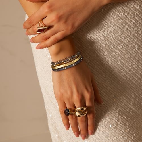 SPUNKYsoul Beaded Stretch Bracelet Set – Multi-Piece Stackable Fashion Bracelet Collection, Elastic Fit, Minimalist Boho Jewelry for Everyday Wear - style: "Isla" Gold, Gray Heishi