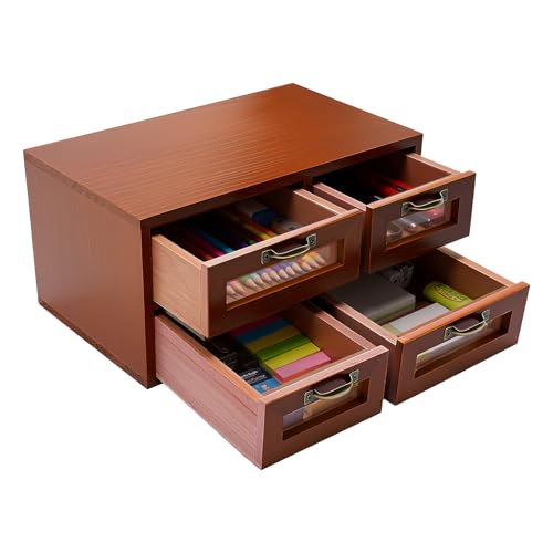 4 Drawers Box Organizer Wooden Functional Storage Case Small things Holder Box 2 * 2 Layers Desktop Drawer Organizer Portable Drawers Compartments Cabinet for Home Bedroom - color: clear door