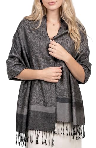 Achillea Two-Tone Vintage Paisley Pashmina Scarf – Lightweight Wrap & Shawl for Dresses, Weddings, Travel, All Seasons - color: Dark Grey