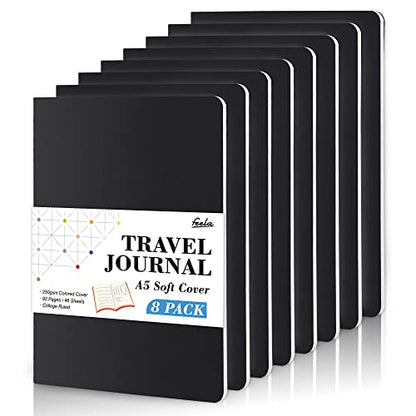 8 Pack Soft Cover Journal Bulk, Feela Notebooks College Ruled for Work, Lined Travel Journal for Women Men, Note Taking Notebook School Supplies Business Writing, 8.2” x 5.5”, A5, Black - color: 8 Black