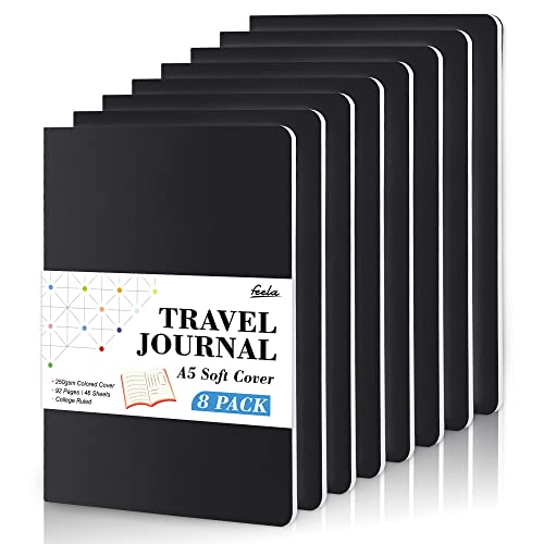 8 Pack Soft Cover Journal Bulk, Feela Notebooks College Ruled for Work, Lined Travel Journal for Women Men, Note Taking Notebook School Supplies Business Writing, 8.2” x 5.5”, A5, Black - color: 8 Black