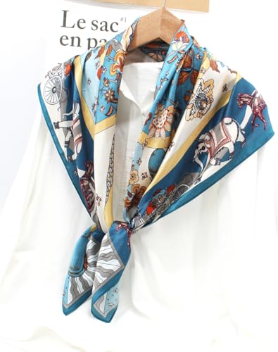 100% Pure Mulberry Silk Scarf 35" Large Square Lightweight Headscarf –Women’s Hair Wraps-With Gift Packed - color: Carriage&flowers-blue
