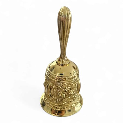 Spiritual Ritual Hand Bell for Cleansing and Prayer – Gold, Silver, and Floral Brass Variants – Ideal for Santeria, Wicca, and Meditation Ceremonies (Floral Engraved Gold Bell)