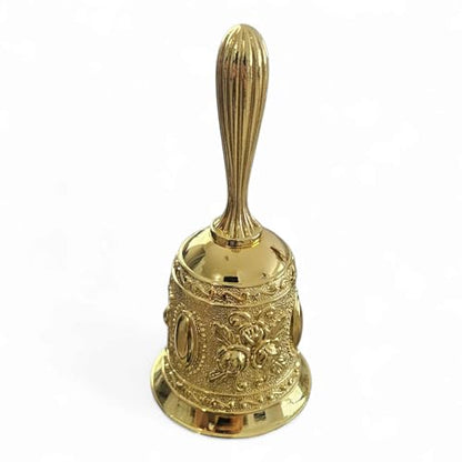 Spiritual Ritual Hand Bell for Cleansing and Prayer – Gold, Silver, and Floral Brass Variants – Ideal for Santeria, Wicca, and Meditation Ceremonies (Floral Engraved Gold Bell)