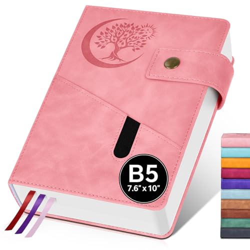 PAIBAS B5 Leather Lined Journal Notebook, 7.6"x10" 366 Pages 100GSM College Ruled Hardcover Diary with 3 Ribbon Bookmarks, Brass Snap & Front Pocket, Journals for Writing Work Travel Men Women - color: Pink, size: B5 (7.6" x 10")