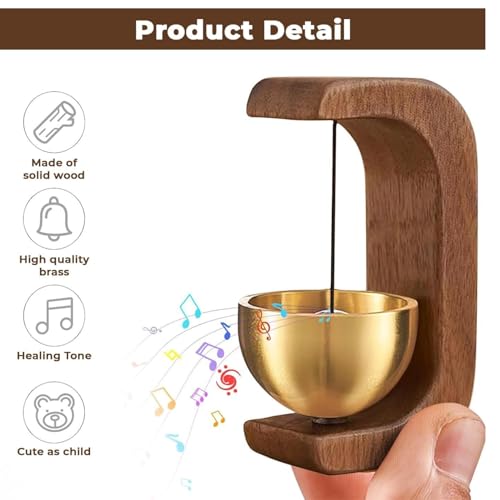 Master Flame Solid Wood Meditation Bell with Brass Bowl, Traditional C-Shaped Stand, Magnetic Striker, Healing Tones for Home, Office, Mindfulness, 15cm Height (Variation 1)