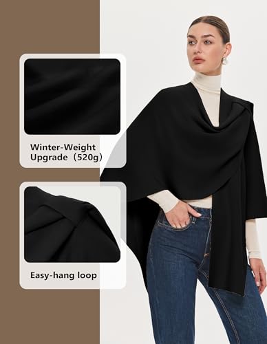 PULI Womens Large Cross Front Poncho Sweater Wrap Topper Knitted Elegant Shawls Cape for Fall Winter - color: Extra Warm Black