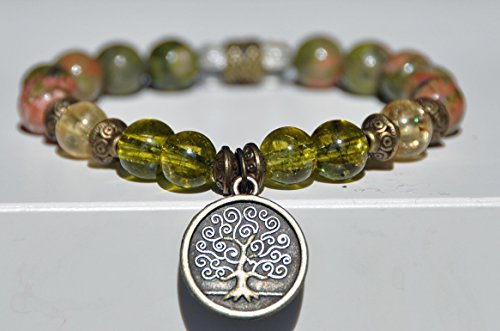 Tree of Life Unakite Gemstone Bracelet, Peridot Mala Bracelet, Citrine prosperity Bracelet,Buddhist Bracelet,Boho Zen Bracelet, Reiki meditation