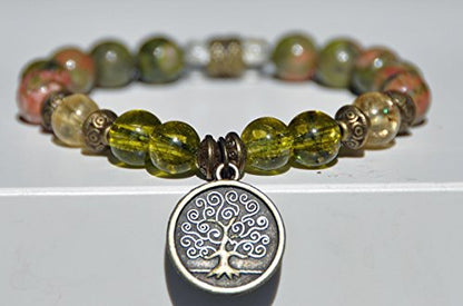 Tree of Life Unakite Gemstone Bracelet, Peridot Mala Bracelet, Citrine prosperity Bracelet,Buddhist Bracelet,Boho Zen Bracelet, Reiki meditation