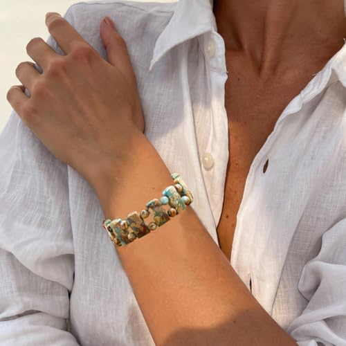 Yomisa Boho Beaded Bracelets for Women,Natural Chakra Turquoise Stone Jasper Bead Bracelet for Womens,Bohemian Handmade Stretch Beads Friendship Bracelets,Healing Trendy Western Jewelry Gifts - color: Agalmatolite