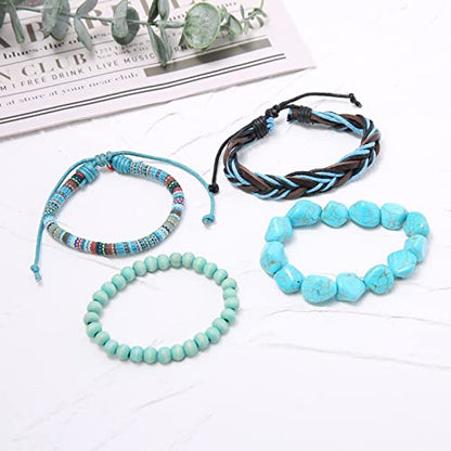 HZMAN Wrap Bracelets Men Women, Hemp Cords Wood Beads Ethnic Tribal Bracelets, Leather Wristbands - style: Turquoise
