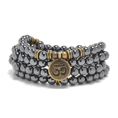 108 Mala Beads Bracelet with om Charm – Healing Stone Meditation Bracelet for Yoga & Prayer, 6mm Beads, Handmade, Gold-Plated OM Charm - style: Hematite