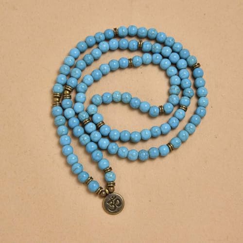 108 Natural Stone Mala Beads Yoga Jewelry Meditation Bracelet Necklace with om Charm - style: Green Turquoise
