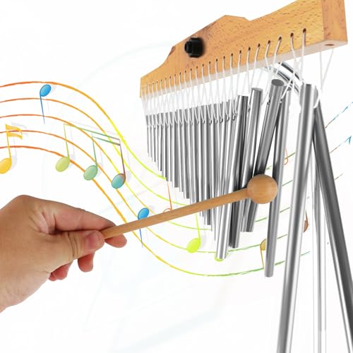 EASTROCK 25 Note Chimes Musical Instruments Percussion Instrument Single-row Chime Bar Chimes Percussion Height-Adjustable Stand Silver - color: 25note Silver