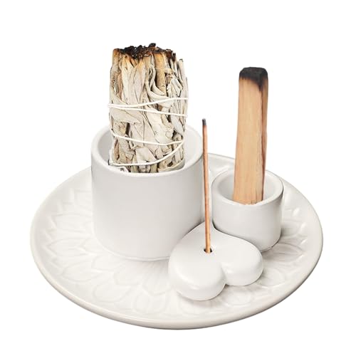 Multi-Use Meditation Tray, Ash Catcher Ceramic Incense Burner Holder for Palo Santo, Sage Sticks & Candles, Easy-Clean Design for Meditation Rooms, Yoga Studios & Home Altars (White_01) - color: White_01