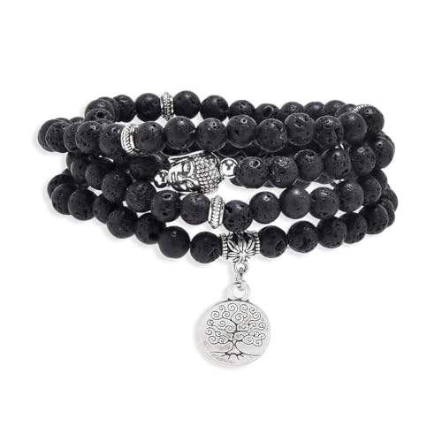 Tree of Life Charm Bracelet or Necklace - 108 Buddha Beads, Handmade Mala Meditation Jewelry, Prayer Beads for Yoga - style: Lava