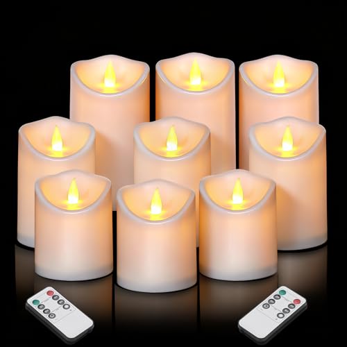 Flameless Candles 4" 5" 6" Outdoor Indoor Pillars Battery Operated Flickering Candles Include 10-Key Remote Timer 400+ Hours by 2 AA Batteries (White Candle - Warm light, 3"D x 4"|5"|6" H - 9 Pack) - color: White Candle - Warm light, size: 3"D x 4"|5"|6"