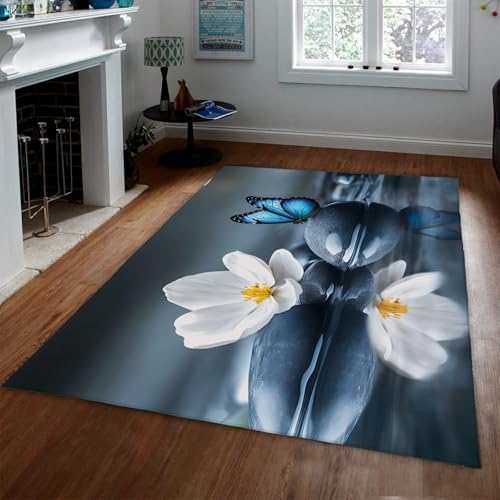 Oriental Style Rugs Black Stones Blue Butterfly White Orchid Print Floor Mat Meditation Spaces Thin Carpet for Living Room Bedroom 2'2"x4' - color: Colorful-17, size: 2'2"x4'