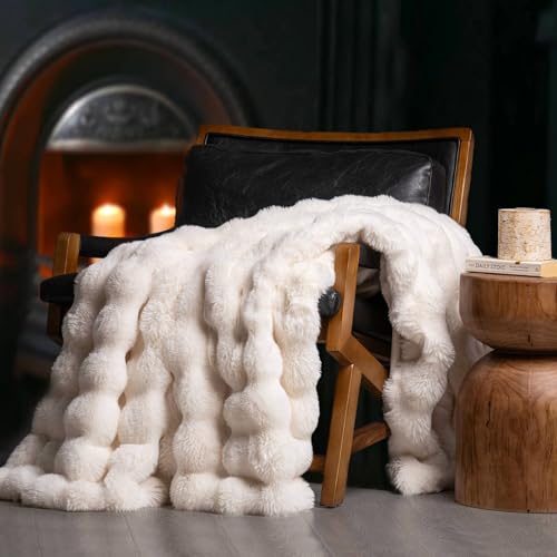 EverGrace Ultra Soft Luxury Fluffy Faux Rabbit Fur Throw Blanket, Thick Warm Bubble Throw for Bed, Cozy Plush Reversible Blankets for Couch, Chair, Sofa, Ivory White, 60x80 Inches - color: Ivory White, size: 60"x80"