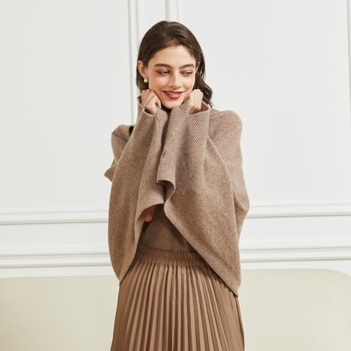 Huralona Women's Open Front Wool Shawl Wrap Scarf with Sleeves Outer Warm Knitted Poncho Cape Fall Winter - color: Brown