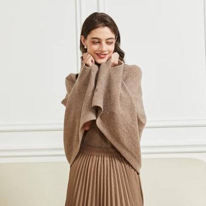 Huralona Women's Open Front Wool Shawl Wrap Scarf with Sleeves Outer Warm Knitted Poncho Cape Fall Winter - color: Brown