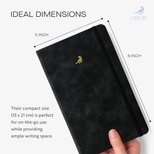 Oriole Vegan Leather Ruled Notebook - Black | 176 Pages of Thick Lined Paper | Soft Touch Hardcover Journal (5 x 8 in) with Gold Foil Bird Design & Luxury Gift Box - color: Black