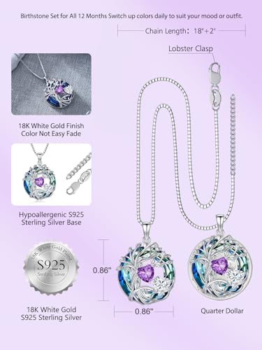 TOUPOP s925 Sterling Silver Family Celtic Tree of Life Pendant Necklaces with 2 Heart Birthstone with Blue Austrian Crystal Jewelry Birthday Valentines Day Gifts for Her, Anniversary Christmas Gifts for Wife Girlfriend Mom (18K Real White Gold Filled) - c