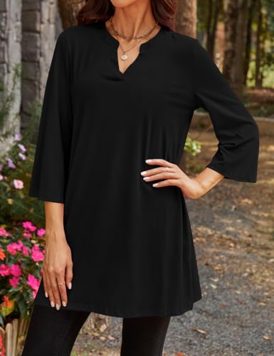 Poetsky Womens Tunic Tops 3/4 Bell Sleeve Loose Fit Tunics Dressy Casual Side Split Flare Top for Leggings S-3XL - color: Black, size: Large